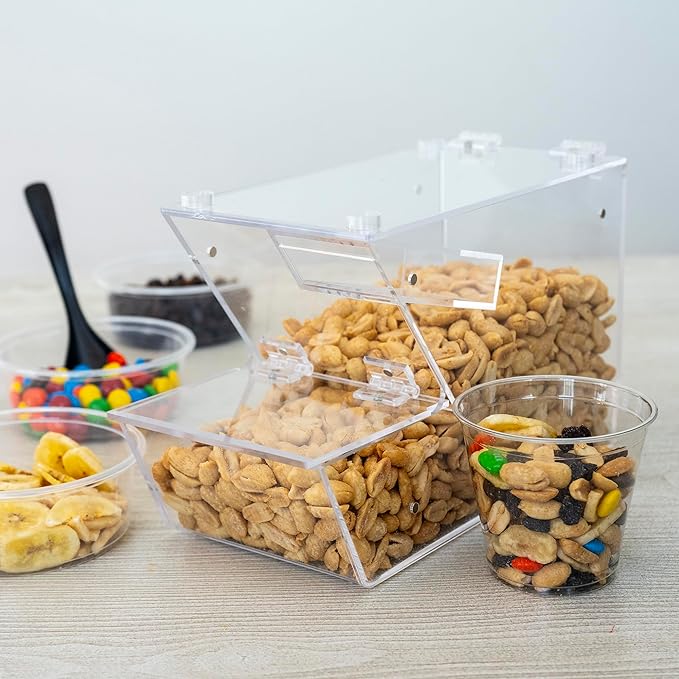 Candy Bin Topping Dispenser - Acrylic Bulk Sprinkle Container w/Scoop, Stackable & Magnetic for Multiple Holders on Shelf - Commercial Setting for Cereal, Nuts, Candies & Snack Food Storage
