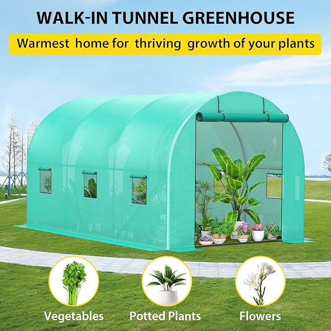 13x8x7 ft Walk-in Tunnel Greenhouse with Galvanized Steel Frame & 6 Mesh Windows, Weather-Resistant Outdoor Plant Hot House for Vegetables, Green PE Cover & Roll-Up Zipper Door