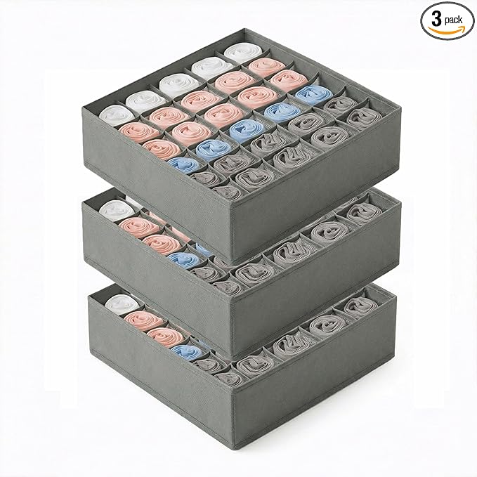 Gray 24 Grid 3 Pack Foldable Underwear Sock Storage Organizer, Non-Woven Fabric Closet Drawer Divider Bins for Socks, Ties, Baby Clothes, Dresser & Wardrobe Organization Boxes (Grey 3 Pack)