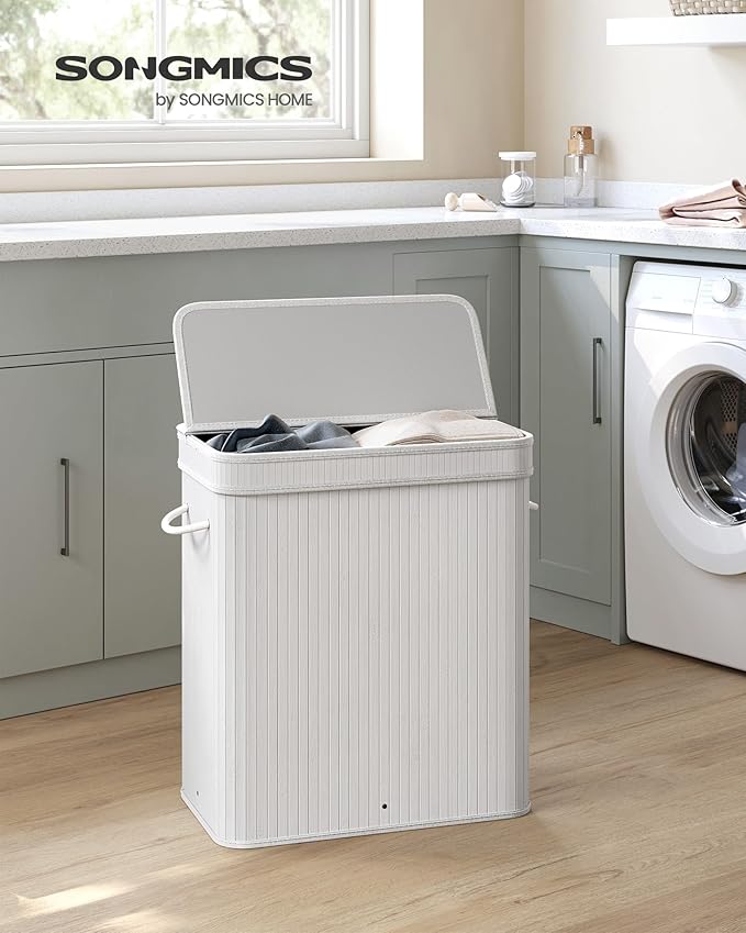 SONGMICS Laundry Hamper with Lid, Bamboo Laundry Basket, Removable Machine Washable Laundry Basket, with Handles, 26.4-Gallons, for Laundry Room, Bedroom, Bathroom, Cloud White ULCB063W01