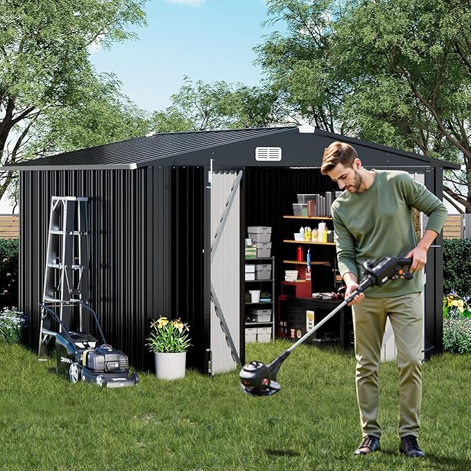 COMHOMA Shed Outdoor Storage Shed Metal,Lockable Doors Tool Sheds with Sloping Roof,Steel Garden Shed with Air Vent for Backyard,Patio,Lawn,Poolside(Grey,10'x10')