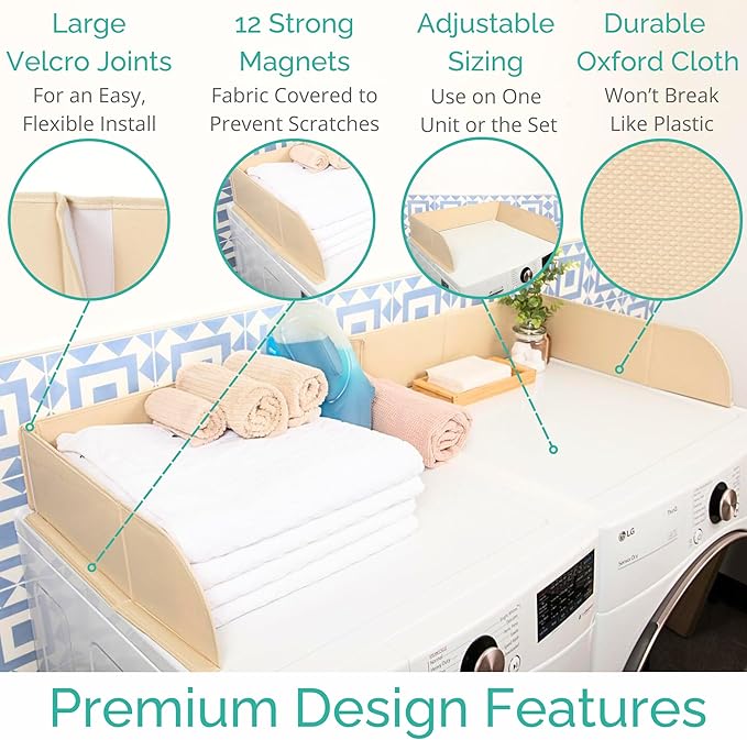 Laundry Guard with Gap Cover - Prevent Clothes from Falling Behind - Adjustable Magnetic Laundry Guard for Front Load Washer and Dryer - Laundry Room Essentials for Moms, College Dorm Rooms (Cream)