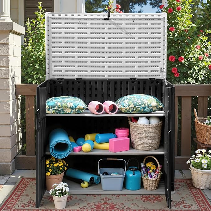 Greesum Outdoor Trash Can Storage Shed, 34 Cu.ft Waterproof Horizontal Storage Shed, Portable Horizontal Resin Storage Shed for Garden, Backyard, Patio, Dark Black