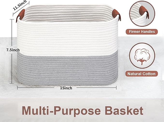 Small Cotton Rope Storage Basket with Leather Handles, 15 "L x 11.5" W x 7.5 "H, Home Decor Basket, Durable & Stylish Organizer for Home.(Small Gray)