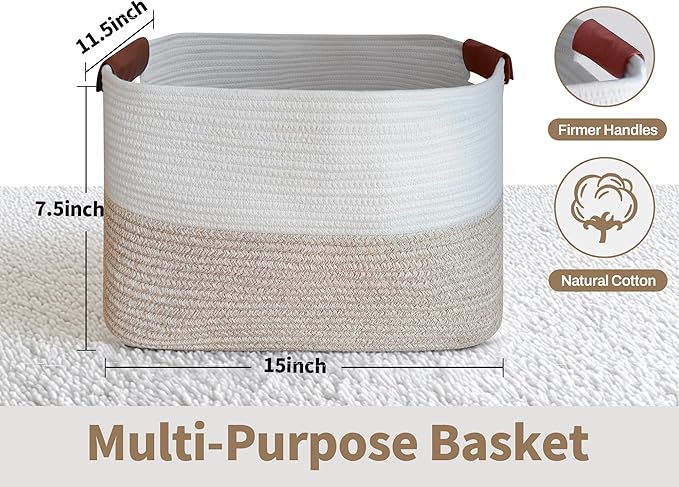 Small Cotton Rope Storage Basket with Leather Handles, 15 "L x 11.5" W x 7.5 "H, Home Decor Basket, Durable & Stylish Organizer for Home.(Small Light Khaki)
