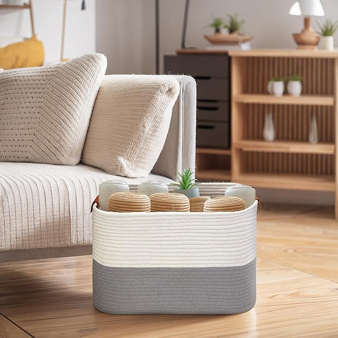 Small Cotton Rope Storage Basket with Leather Handles, 15 "L x 11.5" W x 7.5 "H, Home Decor Basket, Durable & Stylish Organizer for Home.(Small Gray)