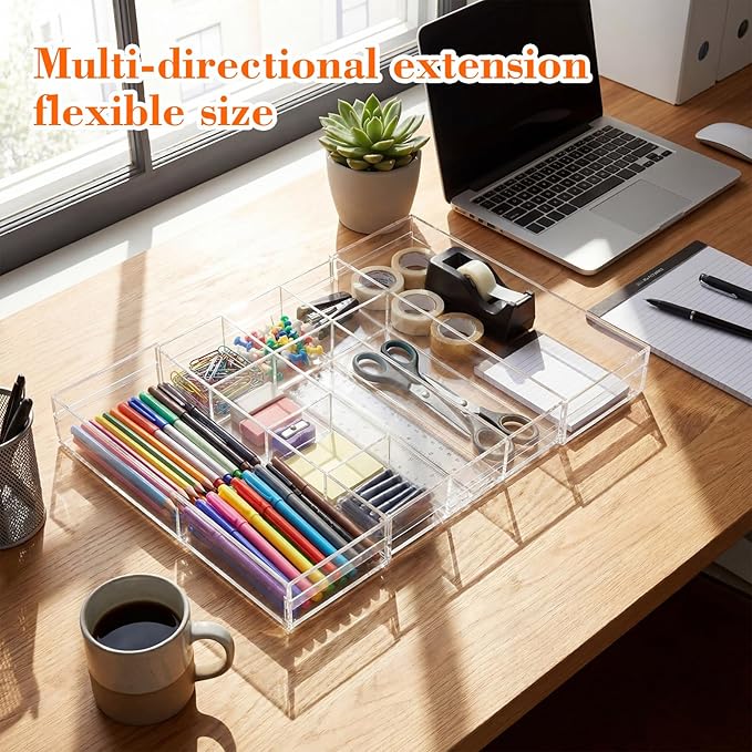 1 Pcs Acrylic Desk Drawer Organizer 9'' up to 16'' x 12'' x 2.2'' Expandable Drawer Organizer Trays with 10 Adjustable Compartments Clear Desk Accessories for Makeup Office Bathroom