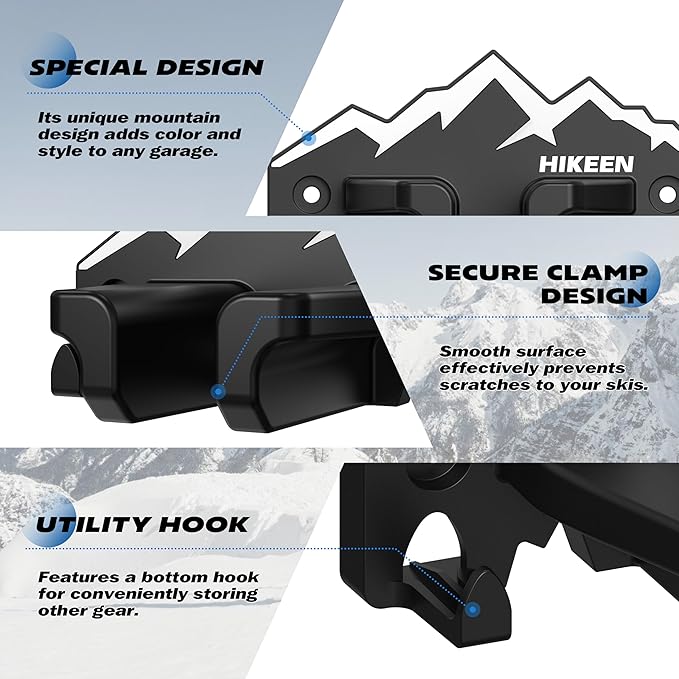 Hikeen Ski Wall Rack for Garage - Ski Wall Mount Storage Rack Fits Any Ski,Garage Organization & Space-Saving Winter Gear - Durable Ski Rack for Wall Display 2Pack