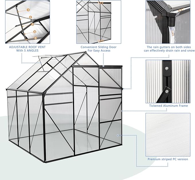 6X8FT Greenhouse for Outdoor, Polycarbonate Greenhouse with Raised Base and Anchor, Heavy-Duty Walk-in Green House with Adjustable Roof Vent and Gutter System for Patio,Backyard (Black, 6X8 FT)