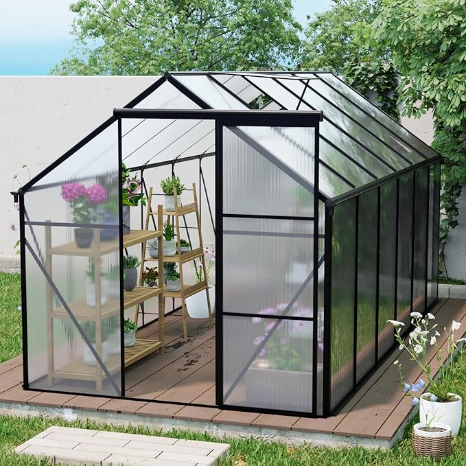 6X12FT Greenhouse for Outdoor, Polycarbonate Greenhouse with Raised Base and Anchor, Heavy-Duty Walk-in Green House with Adjustable Roof Vent and Gutter System for Patio,Backyard (Black, 6x12 FT)