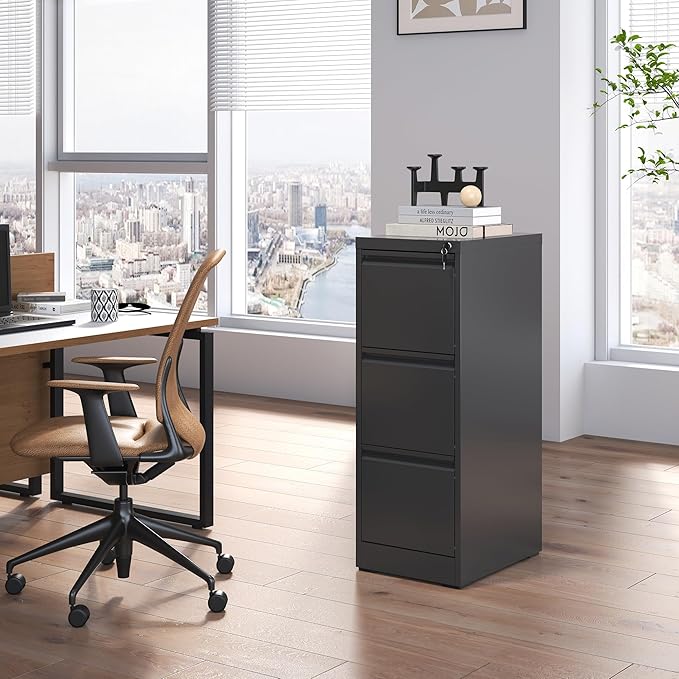 3 Drawer File Cabinet with Lock,Metal Vertical Filing Cabinets for Home Office,Heavy Duty File Storage Cabinet for Letter/Legal/A4/F4 Size File,Assembly Require (Black, Vertical 3 Drawer)