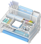 3 Tier Mesh Desk Organizer,Multi Functional Letter Paper Tray with 3 Pen Holders and 5 Adjustable Storage Compartments for Office Supplies Files and Mail Space Saving Desktop Organizer-White
