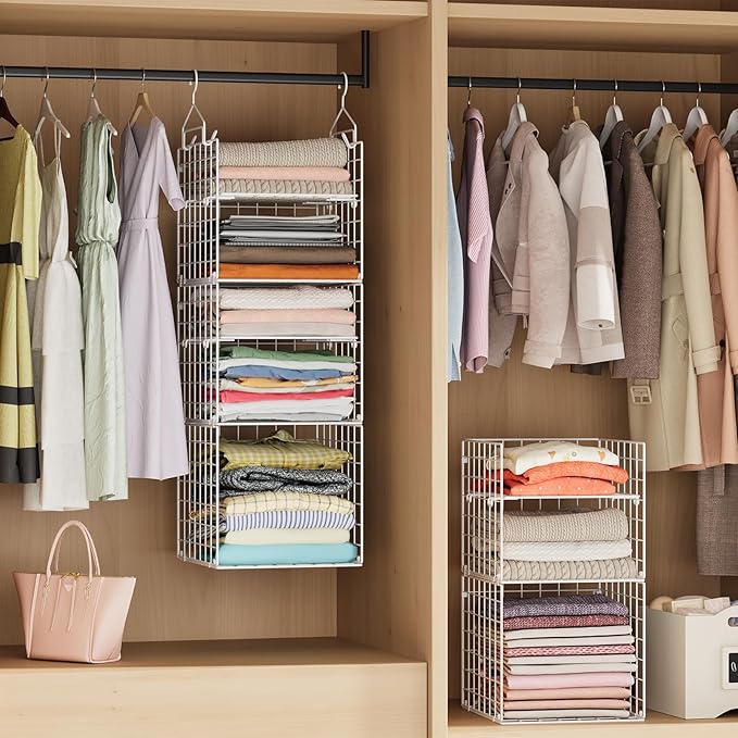 X-cosrack Closet Hanging Organizer and Storage - 5 Tier Hanging Shelves, Wire Closet Shelf Organizer Basket with Adjustable Dividers for Home Clothing Sweaters Shoes Handbags