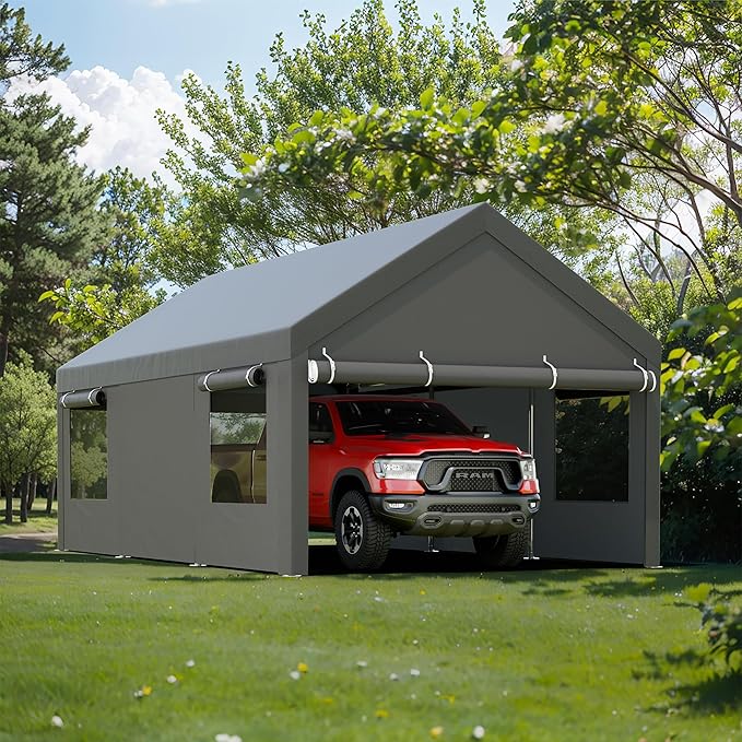 JY QAQA Carport, 12x20 FT Heavy Duty Carport with Roll-Up Window and Sandbags, Portable Garage with Removable Side Walls and Doors, Car Canopy with All-Season Tarp for Cars, Trucks, Boats, Grey