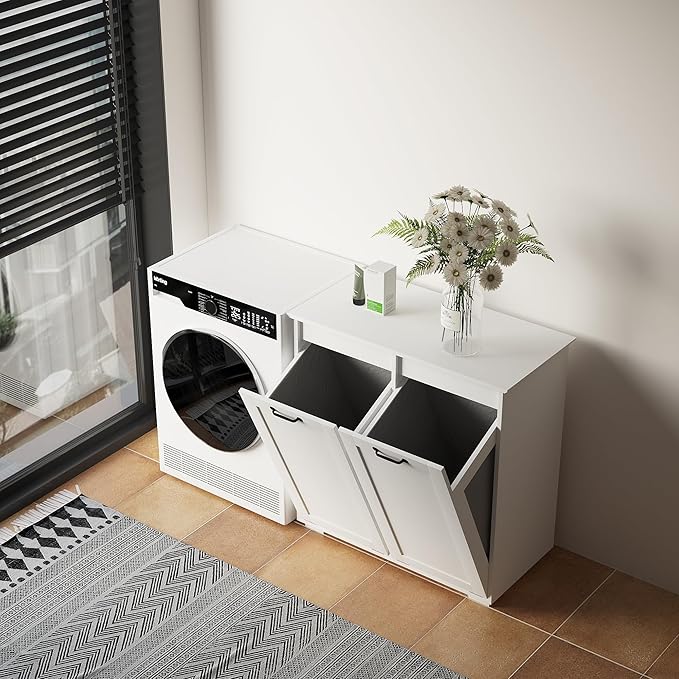 Tilt Out Laundry Sorter Cabinet with 2 Removable Liner Bags,Divided Laundry Hamper Cabinet with Semi-Circular Metal Handle and Barn Door for Space Saving (Style-02)