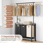 Laundry Sorter 3 Section With Extendable Hanging Bar, Heavy Duty Laundry Basket With Rolling Lockable Wheels And Shelf, Laundry Room Organization And Storage