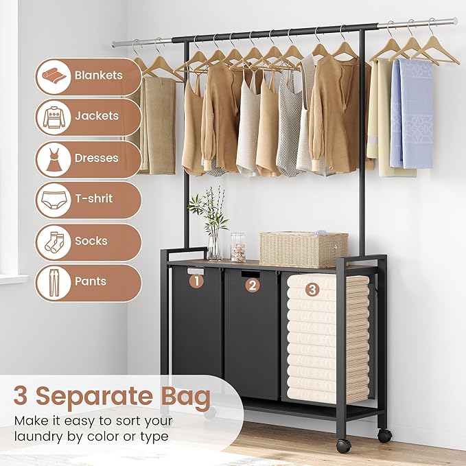 Laundry Basket With Wheels, Wood Shelf, Laundry Sorter With Retractable Hanging Bar, Laundry Hamper 3 Section, 3 × 13 Gal (49.2 L), Rolling Laundry Hamper With Hanging Rack For Laundry Room