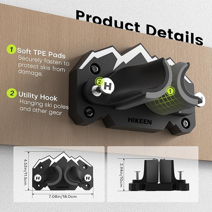 Hikeen Ski & Snowboard Wall Mount,Fits Any Ski or Snowboard, Ski Wall Rack Non-Slip Storage for Garage Organization,Space-Saving Winter Gear Organizer,1 Pack
