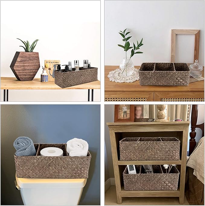 Hipiwe Seagrass Nesting Storage Basket - 3 Compartment Hand-Woven Wicker Toilet Paper Storage Bin Bathroom Organize Basket for Shelves, Kitchen Cabinets, Pantry, Bathroom, Closets Organizer