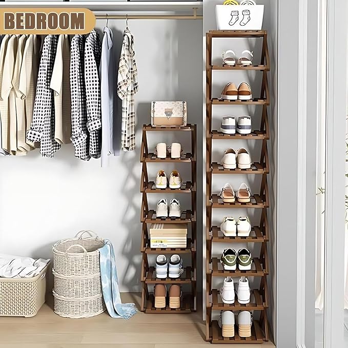 The 9-Tier No-Assembly Bamboo Rack, 2-9 Tier Folding Shoe Storage Rack, Space-Saving Organizer for Shoes, No Assembly Narrow Shoe Shelf for Entryway Closet Dorm (Brown, 3 Tier)