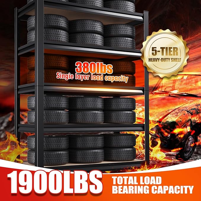 4 Pack Heavy Duty Garage Shelving - 1900 LBS Capacity 5-Tier Metal Storage Shelves, 71"H x 28"W x 12"D Adjustable Steel Utility Rack, Compact Storage Shelf for Pantry, Closet, Basement, Shed - Black