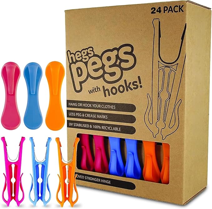 The Smartest Heavy Duty Clothespins with Hooks (24 Pack Orange, Pink, Blue) - Hang 3 Garments at Once with Our Tough, Dual Hooks Clothes Pins with Anti-Rust Spring - Tough, Colorful Clothespins