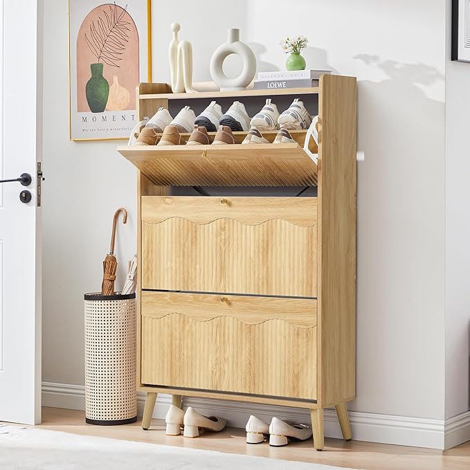 BERRYMERRY Shoe Storage Cabinet for Entryway with 3 Flip Drawers, 51.2” Tall Narrow Shoe Organizer with Wave Panel, Freestanding Wood Hidden Shoe Cabinet for Hallway