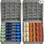 4 Pack 96-Cell Fabric Sock Organizer and Tie Organizer For Men - Fabric Foldable Drawer Divider for Socks, Underwear, Ties and Belts - Foldable, Multi-Cell Design, Space-Saving (Grey)