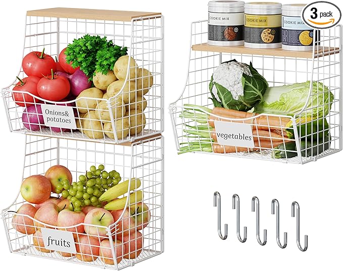 3 Pack Hanging Fruit Basket for Kitchen with Wood Lid - Onion and Potato Storage Fruit Bowl with Nameplate for Counter&Wall Mounted, Stackable Storage Basket,11.81 * 8.66 * 10.63inch