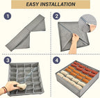 3 Pack 72-Cell Fabric Sock Organizer and Tie Organizer For Men - Fabric Foldable Drawer Divider for Socks, Underwear, Ties and Belts - Foldable, Multi-Cell Design, Space-Saving (Grey)