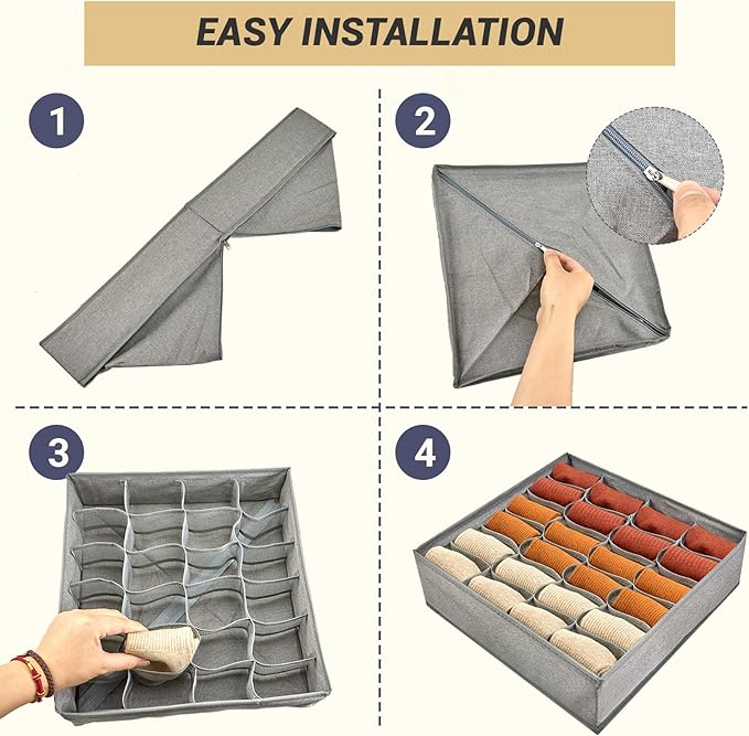 PINGMIC Gray Sock Organizer Divider 2 Pack - 24 Cell Foldable Closet Storage, Tie Organizer For Men Boxes for Socks, Ties, Belts