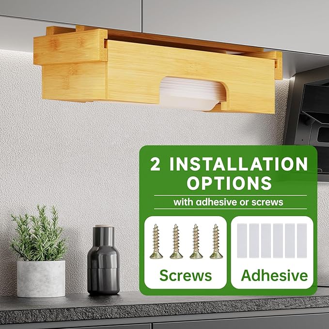 Paper Plate Dispenser Under Cabinet - 10 Inch Bamboo Paper Plate Dispenser, Kitchen Counter Vertical Holder Organizer Countertop Caddy (10 Inch Natural)