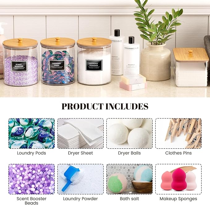4 Pack Glass Laundry Pods Container, Clear Laundry Room Organization Containers with Lids & Labels, Powder Laundry Detergent Container for Scent Booster, Powder