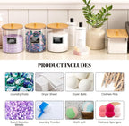 4 Pack Glass Laundry Pods Container, Clear Laundry Room Organization Containers with Lids & Labels, Powder Laundry Detergent Container for Scent Booster, Powder