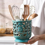 Farmhouse Kitchen Utensil Holder for Countertop, Ceramic Large Cooking Utensil Crock with Cork Mat, Hollow Carving Decorative Rustic Utensil Holder for Kitchen Counter, Antique Blue