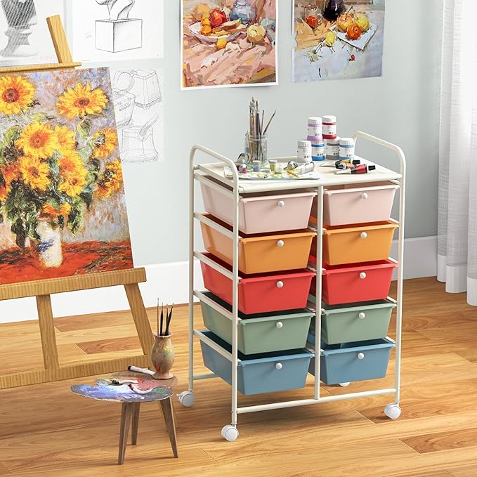 RELAX4LIFE Rolling Storage Cart with 10 Drawers - Craft Storage Cart with Lockable Wheels,Utility Cart, Art Cart Organizer for Crafting Storage, Studio, Office, Home, School Rolling Drawer Cart