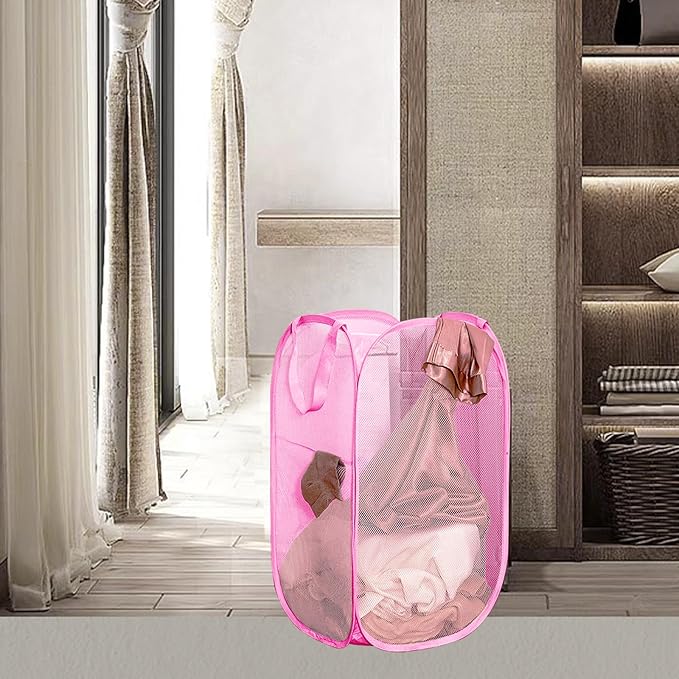 Portable Mesh Pop Up Laundry Hamper Pink Vertical Collapsible Laundry Basket With Strong Handles for Easy Storage, Suitable for Bedroom, College Dorms, Travel, RV