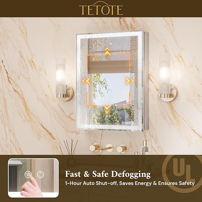 TETOTE 30 x 26 LED Lighted Medicine Cabinet with Mirror with Adjustable Shelves, Silver Aluminum Cabinet, Anti-Fog Stepless Dimmable 3 Colors White/Warm/Natural, Easy to Install(Wall Mount/Recessed)