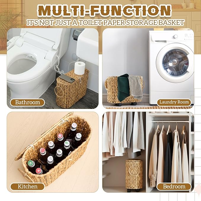 Weysat Wicker Toilet Paper Basket with Lid and Detachable Wheels Boho Slim Woven Toilet Paper Holder Holds up to 9 Mega Rolls for Home Bathroom Decor Organizer