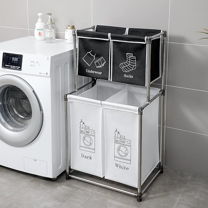 Laundry Hamper 2 Tier Laundry Sorter with 4 Removable Bags for Organizing Clothes, Laundry, Lights, Darks