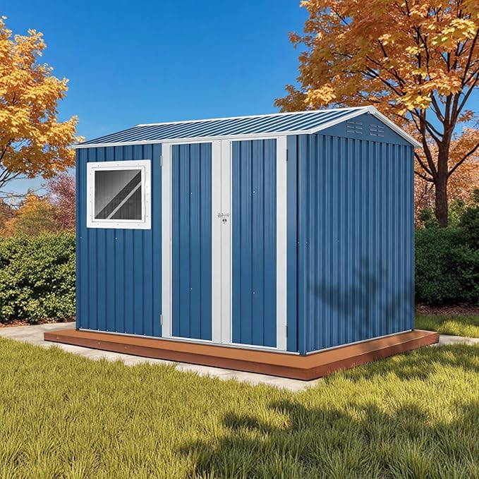 8' x 6' XL Outdoor Storage Shed, Sturdy Metal Building w/Floor and Operable Window for Garden, Backyard, Poolside and Lawn, Blue
