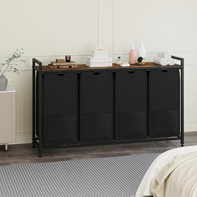 47-Inch Wide Laundry Sorter, 4 Section Hamper Basket Organizer with 100lbs Wood Top, Black Iron Frame, 30lbs Capacity Pull-Out Fabric Bags, Clothes Organizers and Storage