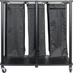 Household Essentials 3-Bag Laundry Sorter, Smooth Laminate Shelving, Sturdy Steel Frame, Wheeling and Stationary Feet Options, Washable Linen Laundry Bags, 3-Load Capacity, Versatile, Black