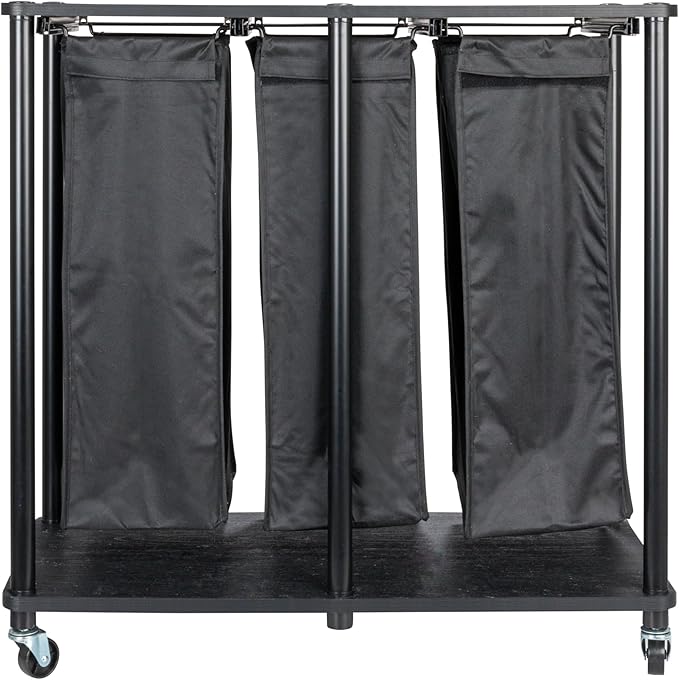 Household Essentials 3-Bag Laundry Sorter, Smooth Laminate Shelving, Sturdy Steel Frame, Wheeling and Stationary Feet Options, Washable Linen Laundry Bags, 3-Load Capacity, Versatile, Black