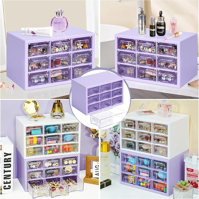 Desk Storage Organizer with 9 Drawers, Clear Plastic Storage Cabinet, Stackable Desk Storage Box for Makeup Office Craft Hardware Art Supplies,9.8x6.3x5.9inch(Purple)
