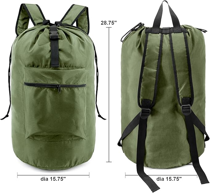 BeeGreen Moss Green Laundry Backpack Bag w Adjustable Shoulder Straps String Closure College Dorm Room Essentials Sturdy Laundry Hamper Portable w Handle XLarge Ripstop for Traveling