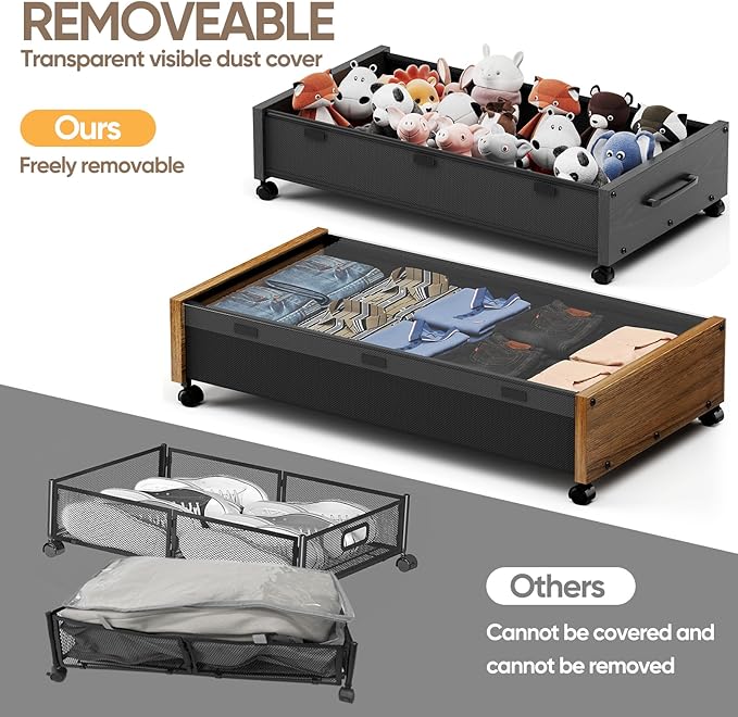KITHELP Wooden Under Bed Storage with Wheels, Rolling Under the Bed Storage Bins with Removable Lid, Metal Under Bed Drawers for Clothes and Shoes in Bedroom or Living Room(Black Wood-1pack)