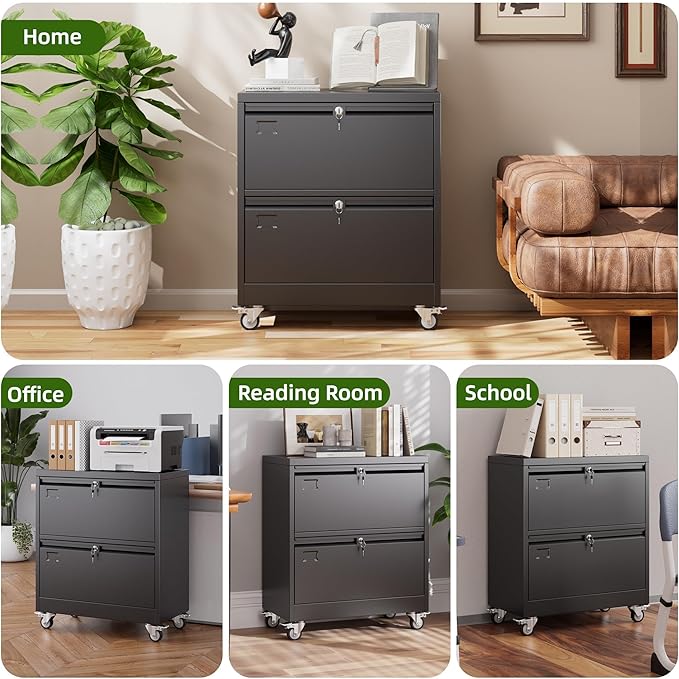 Aobabo 2 Drawer Lateral File Cabinet with 4 Detachable Wheels,Steel Filing Storage with Independent Locks and Index Card Holders for Home Office, 15.87" D x 28.94" W x 34" H, Black,Required Assembly