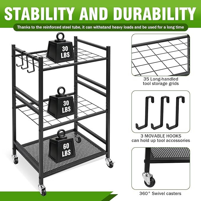 REDCAMP Garden Tool Organizer,Yard Tool Tower Rack for Garage,3 Tier Metal Yard Tools Storage up to 35 Long-Handled Tools/Rakes/Brooms, Heavy Duty Garden Tool Organizer for Garage, Yard, Patio, Shed