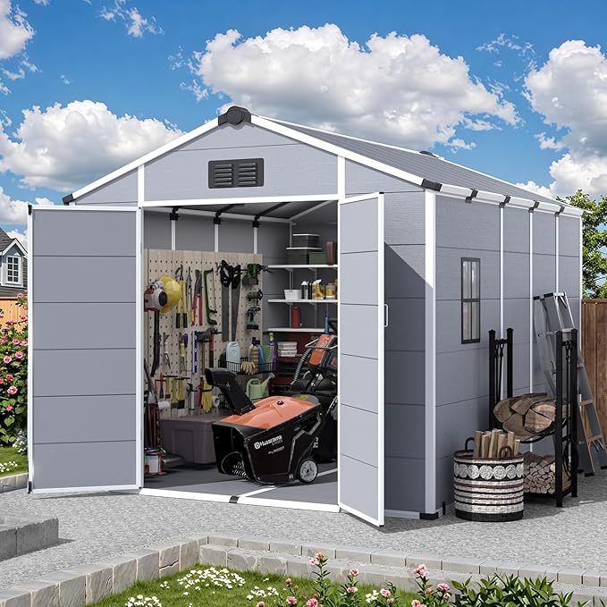 MELLCOM 8 x 10 FT Resin Outdoor Storage Shed with Windows, Outdoor Storage Tool Shed with Floor and Lockable Door, Resin Garden Shed for Garbage Can, Bike, Lawnmower